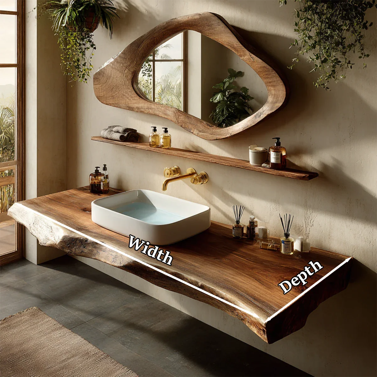 Handcrafted Live Edge Solid Wood Bathroom Counter Shelf