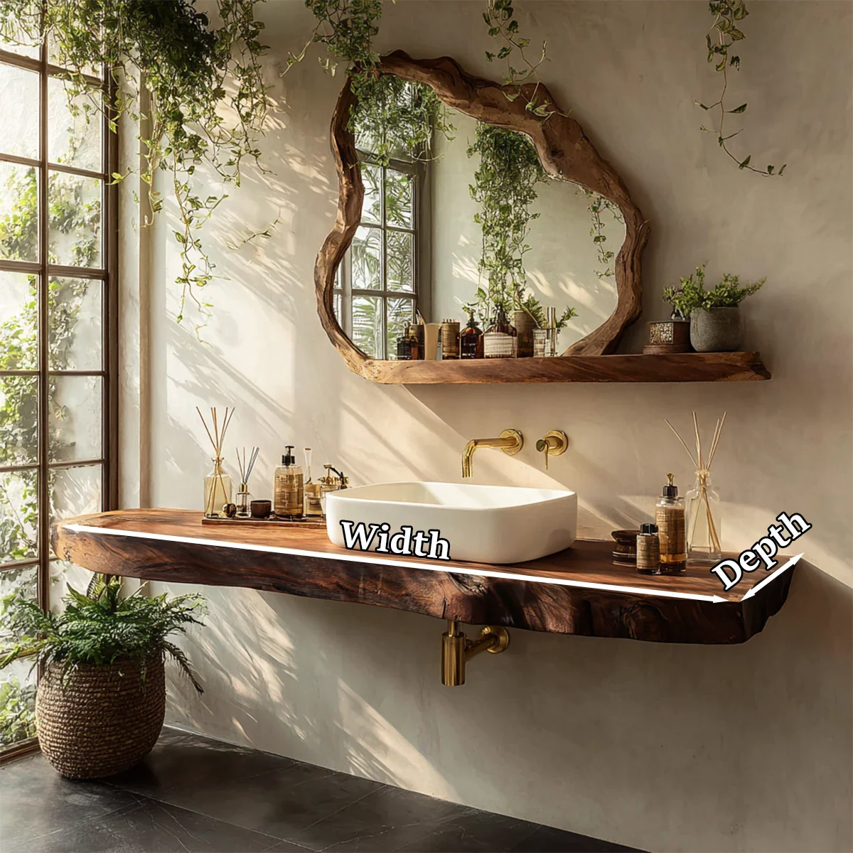 Organic Live Edge Solid Wood Bathroom Vanity Counter with Floating Mount