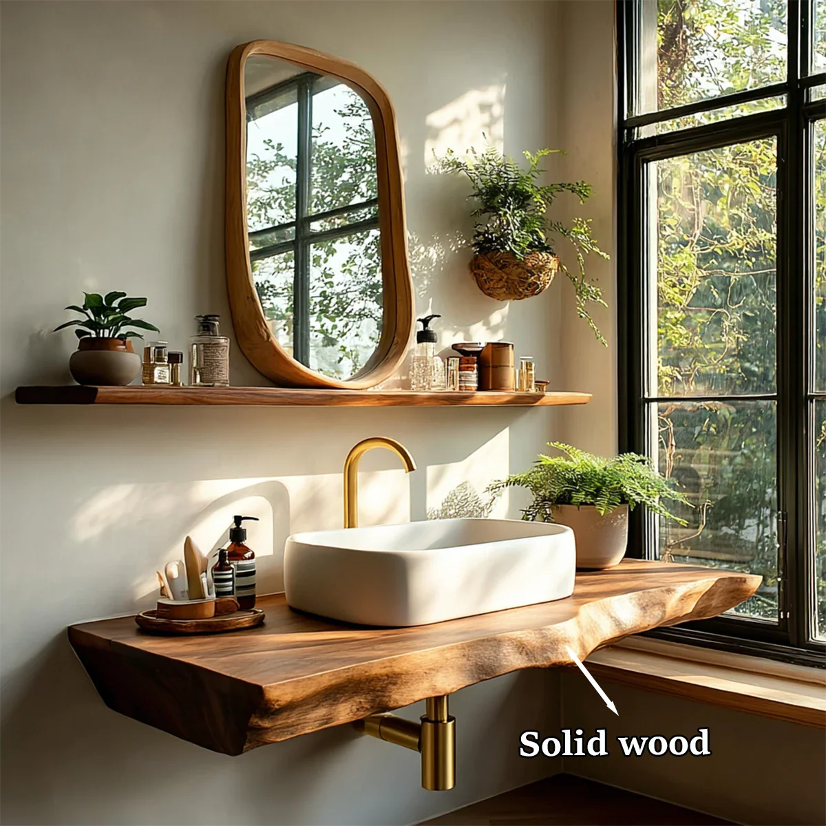 Organic Live Edge Wood Bathroom Countertop Vanity with Wall Mount Shelf