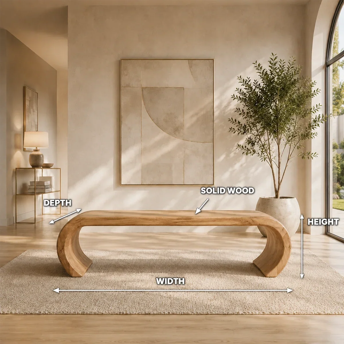 Contemporary bench with rounded arch base and clean wood profile for sophisticated rooms