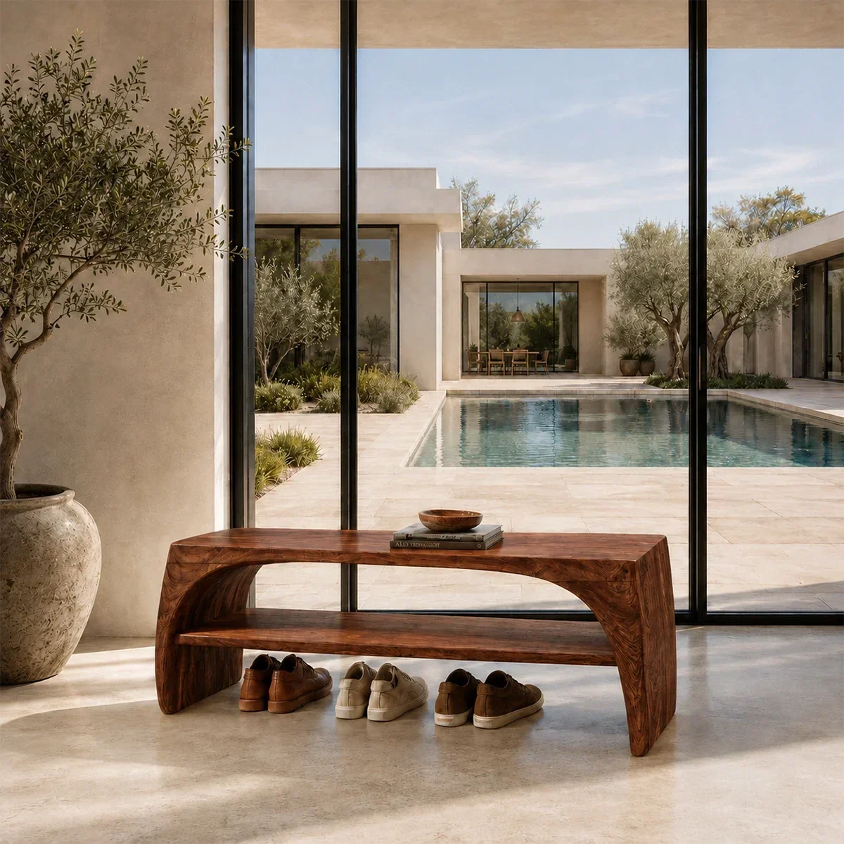 Minimalist shoe bench pairs soft curves with open shelving in a warm neutral interior