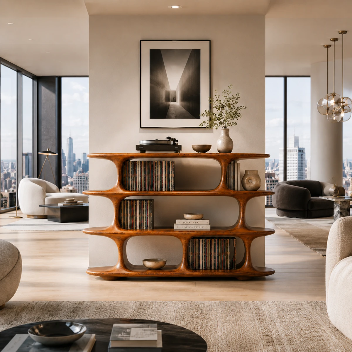 Architectural Natural Solid Wood Record Player Stand With Open Vinyl Shelves - ArborisWood - 12