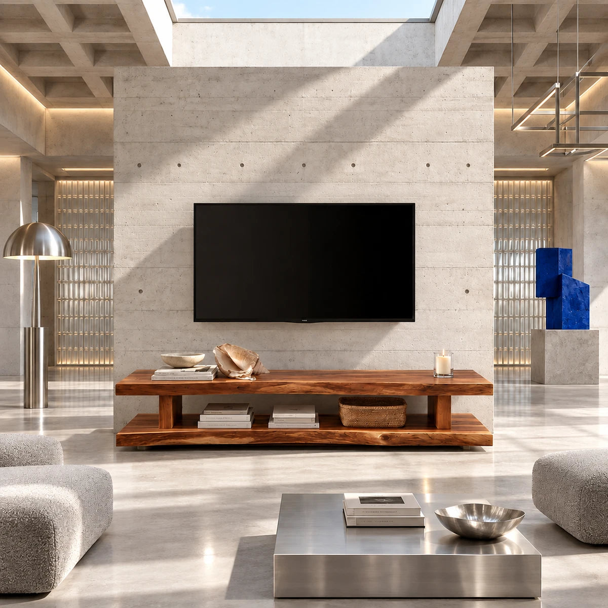 Modern entertainment bench with open shelving for flexible living room media storage