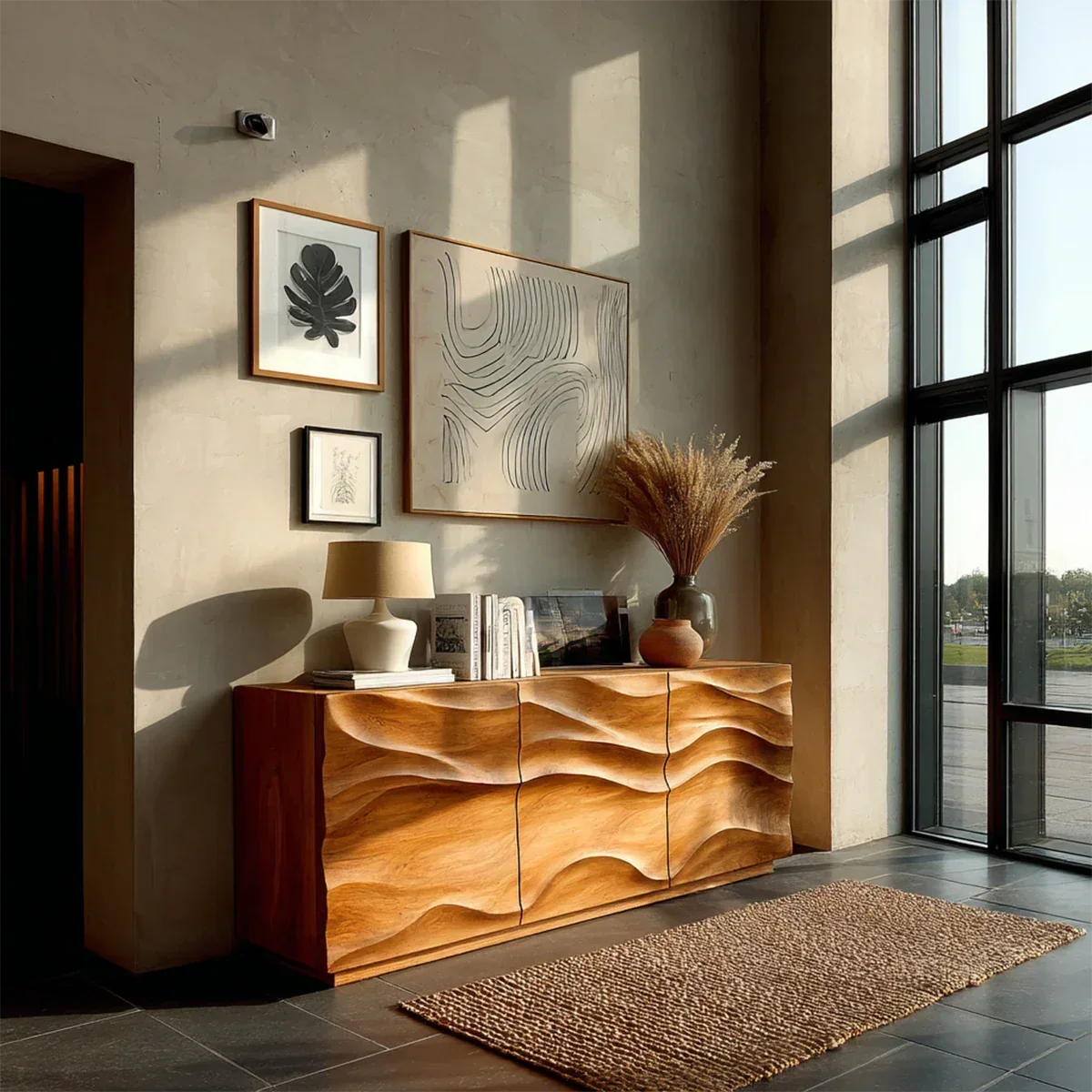 Architectural Storage Sideboard in Natural Solid Wood with Sculpted Relief - ArborisWood