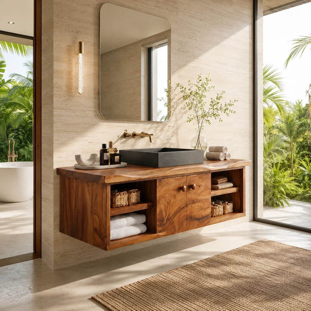 Balanced Natural Solid Wood Floating Bathroom Vanity With Side Shelves - ArborisWood - 10