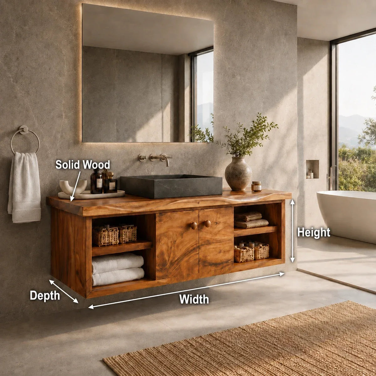 Balanced Natural Solid Wood Floating Bathroom Vanity With Side Shelves - ArborisWood - 11
