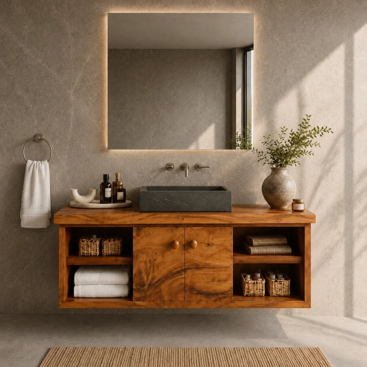 Balanced Natural Solid Wood Floating Bathroom Vanity With Side Shelves - ArborisWood - 13