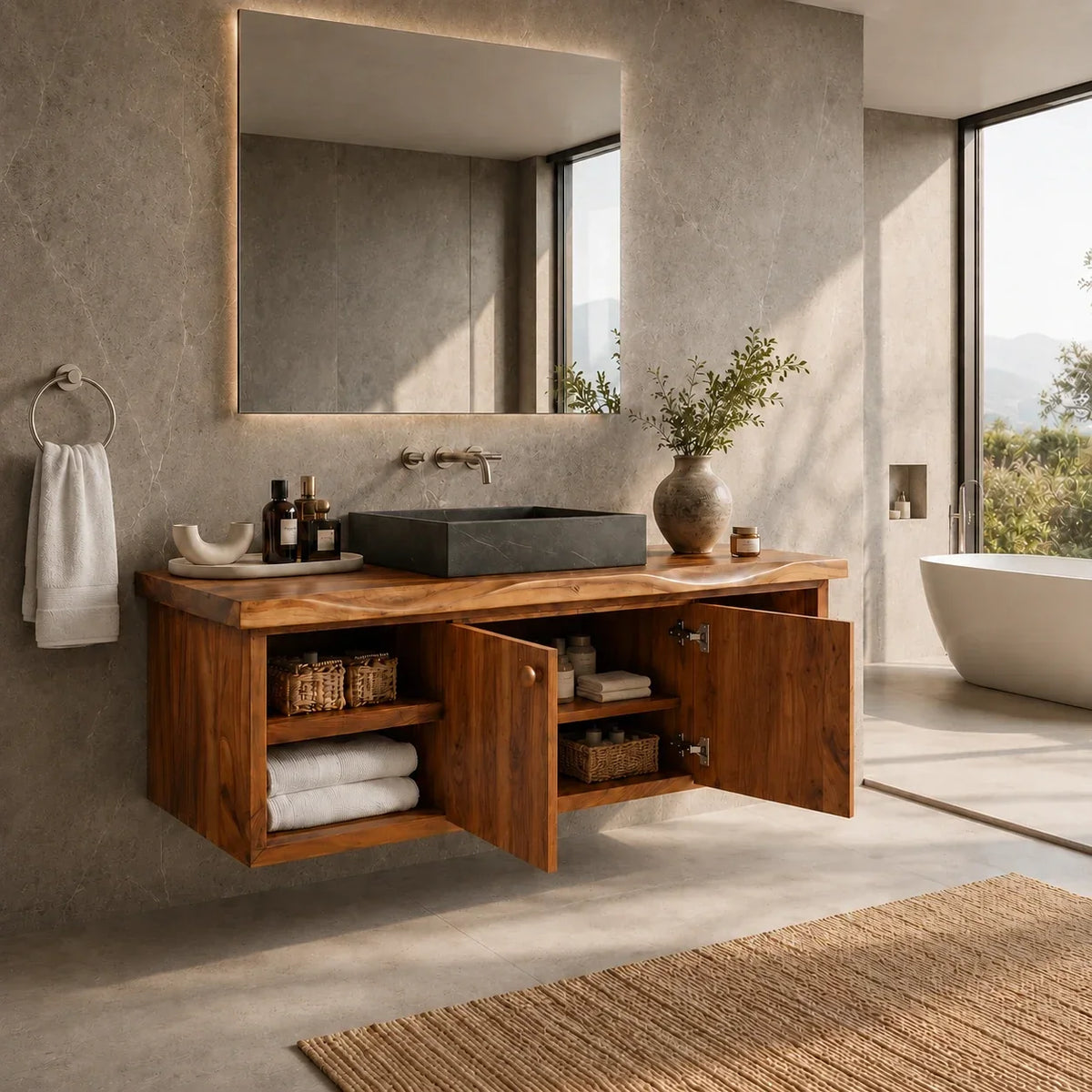 Balanced Natural Solid Wood Floating Bathroom Vanity With Side Shelves - ArborisWood - 6