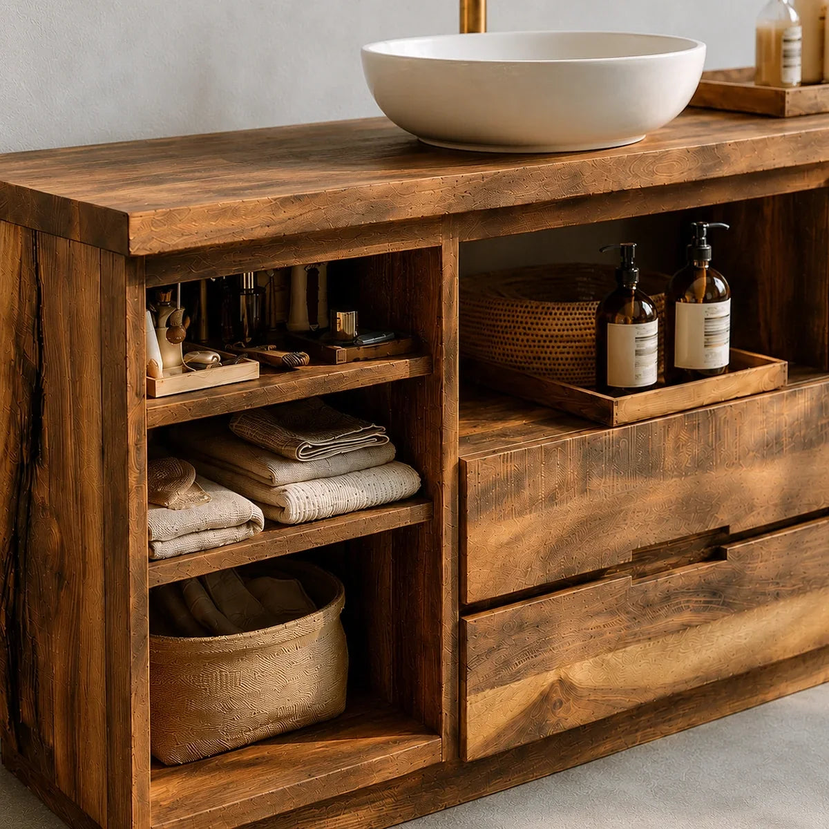 Bathroom Vanity with Open Shelving and Cabinet Doors in Natural Solid Wood - Arboriswood - 4