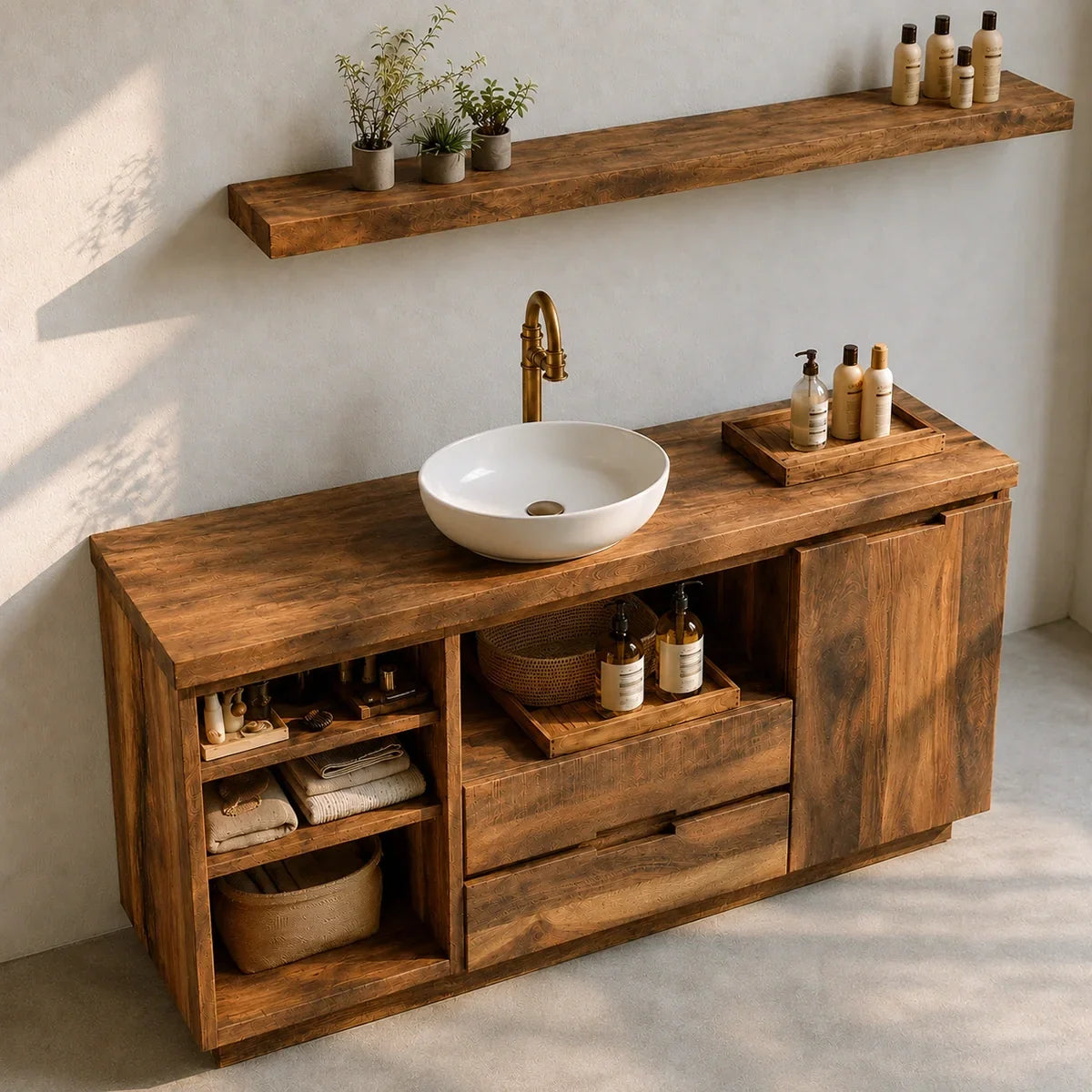 Bathroom Vanity with Open Shelving and Cabinet Doors in Natural Solid Wood - Arboriswood - 5