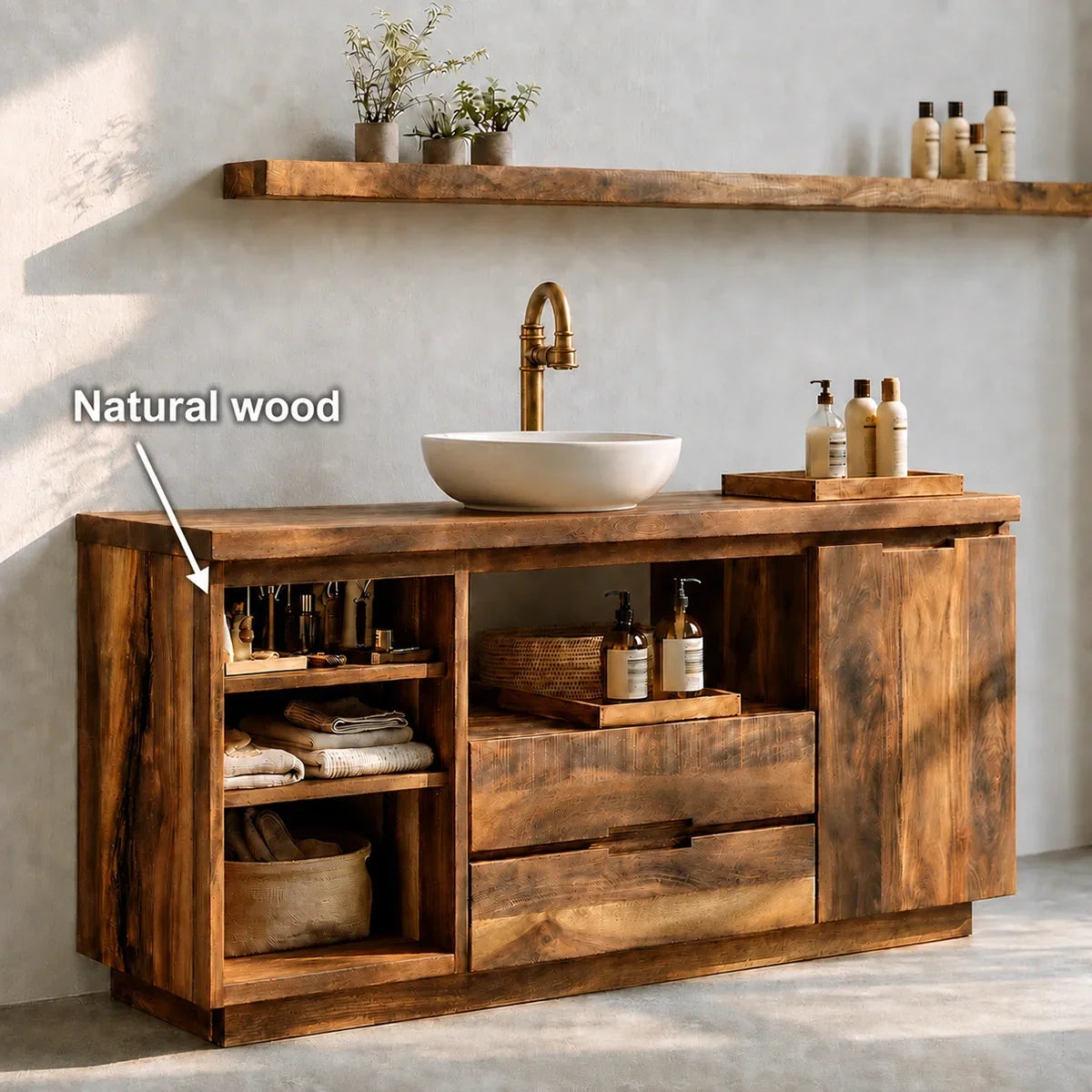 Bathroom Vanity with Open Shelving and Cabinet Doors in Natural Solid Wood - Arboriswood - 9