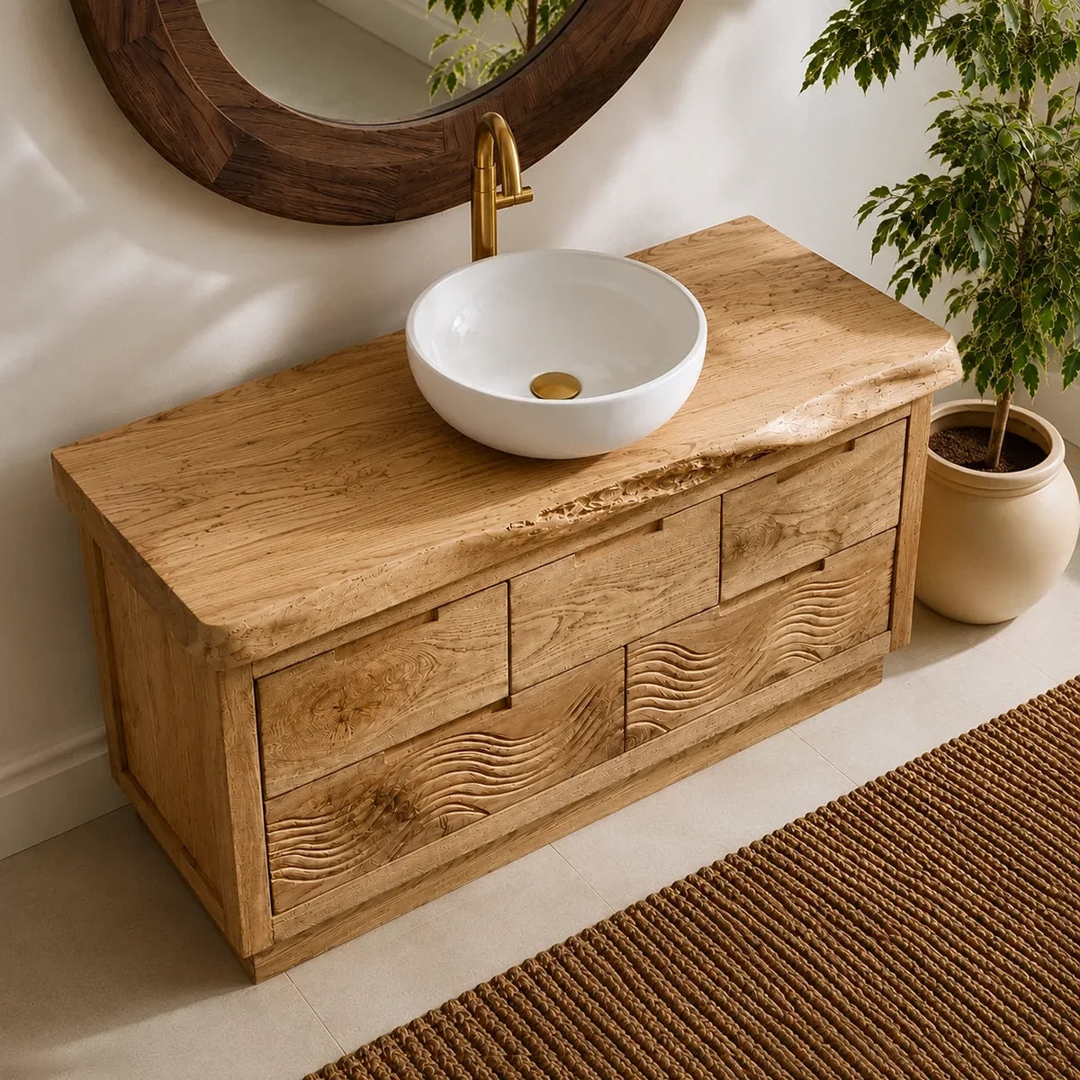 Bathroom Vanity with Sculptural Wave-Carved Drawer in Natural Solid Wood - Arboriswood - 3