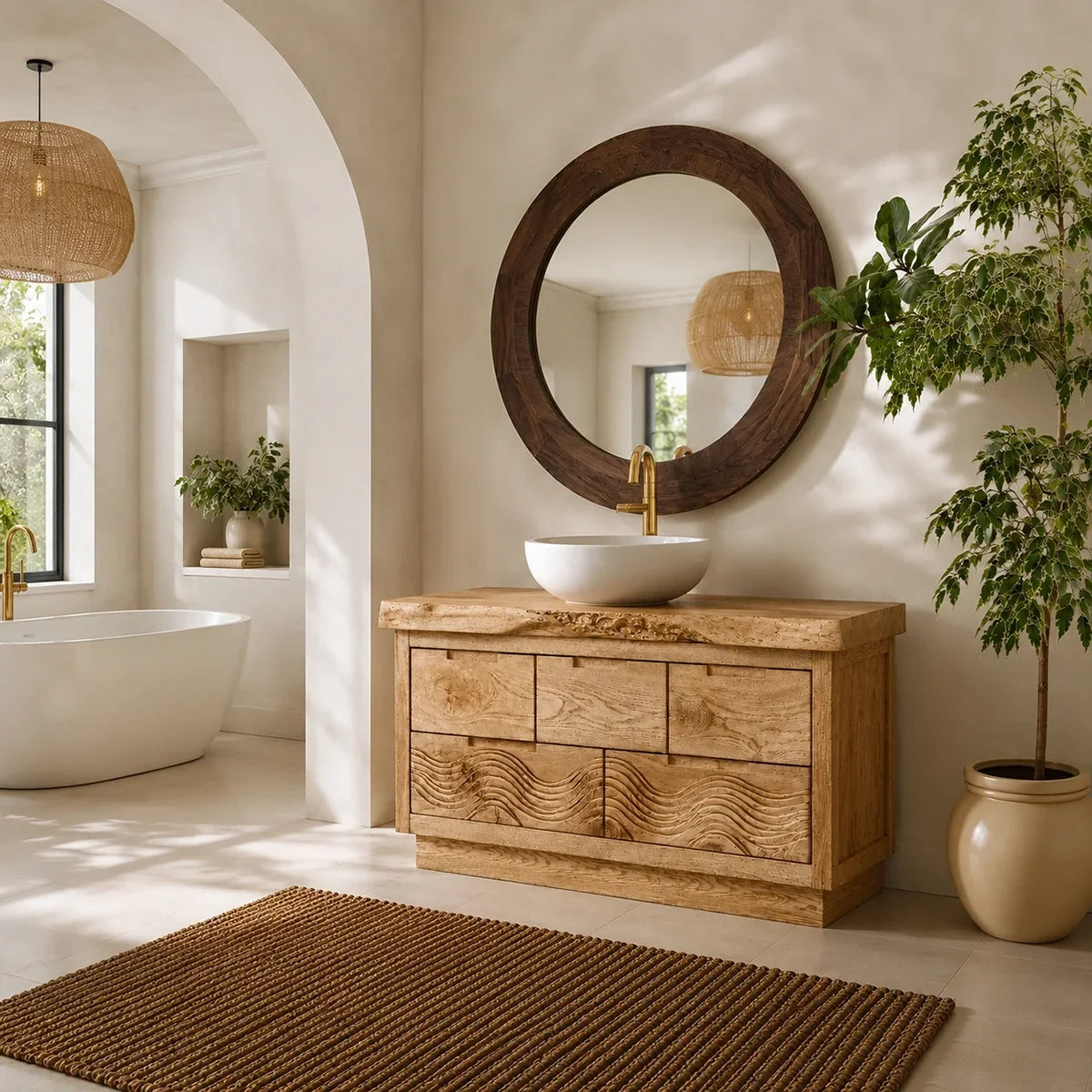 Bathroom Vanity with Sculptural Wave-Carved Drawer in Natural Solid Wood - Arboriswood - 6
