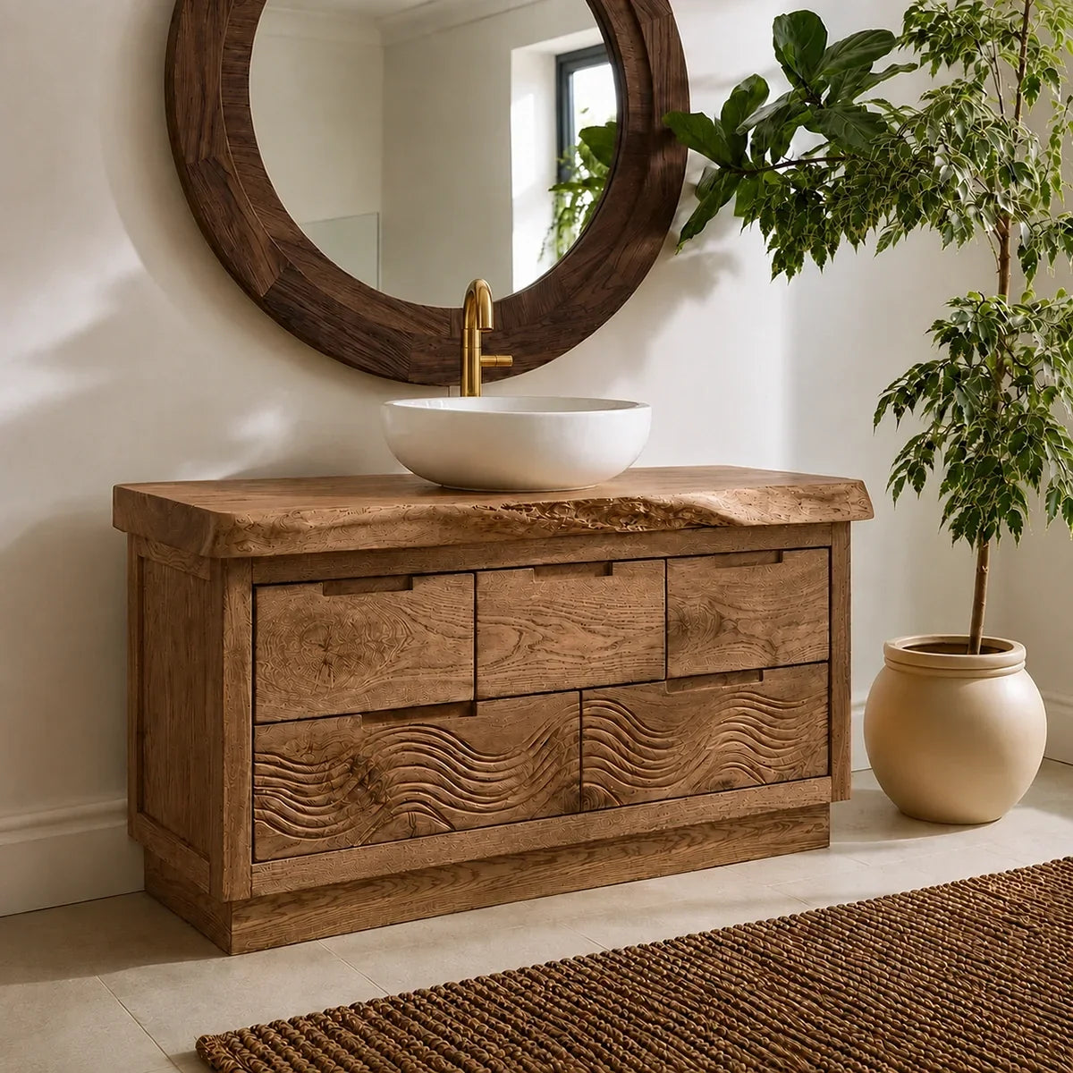 Bathroom Vanity with Sculptural Wave-Carved Drawer in Natural Solid Wood - Arboriswood - 7