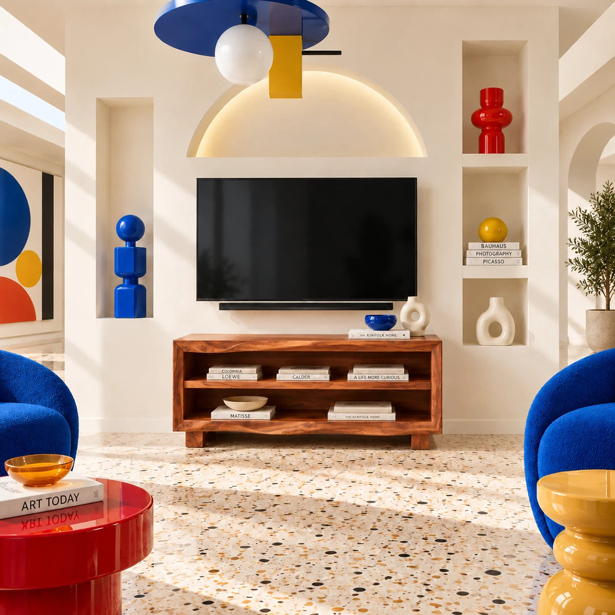 A clean lined television console with shelf space for devices, books, and accents