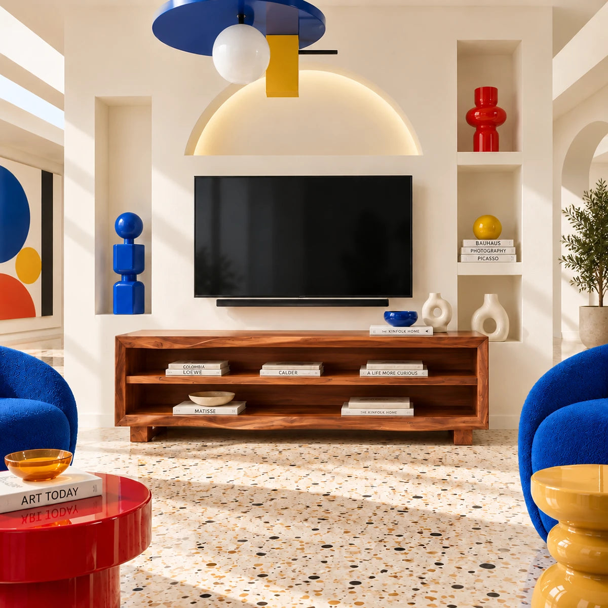 Bring home a modern TV cabinet with open shelving and warm brown tone details throughout