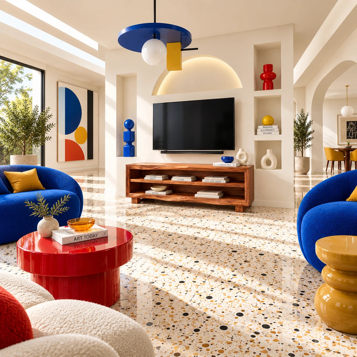 Natural solid wood TV stand with open shelves in a bold Bauhaus inspired interior