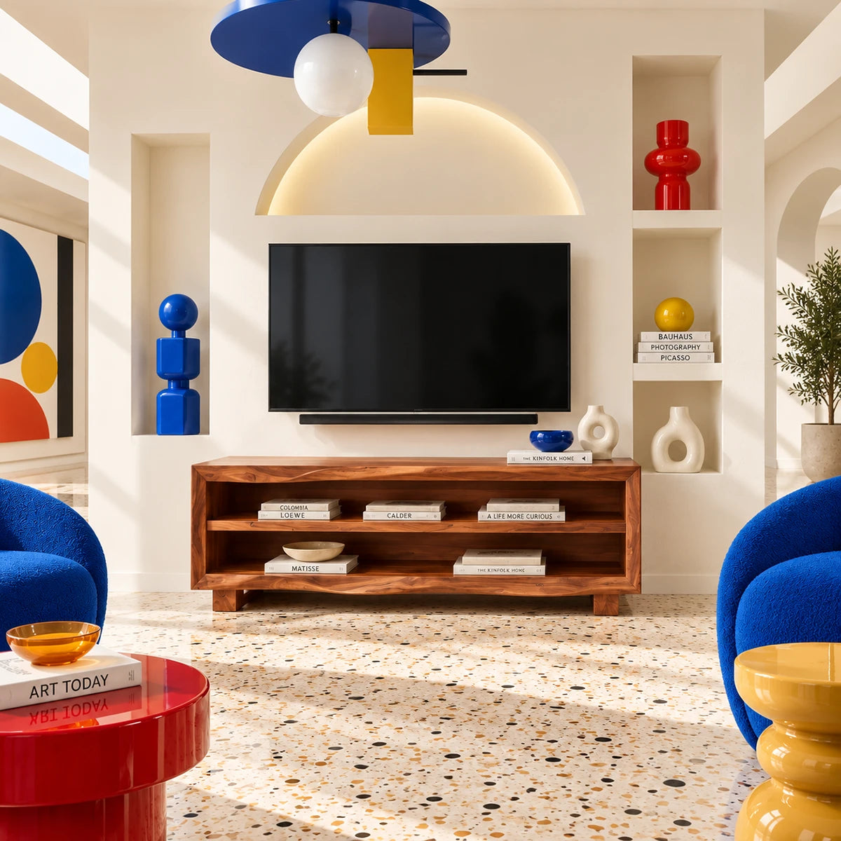 Contemporary TV cabinet with open display shelves and a smooth warm brown finish