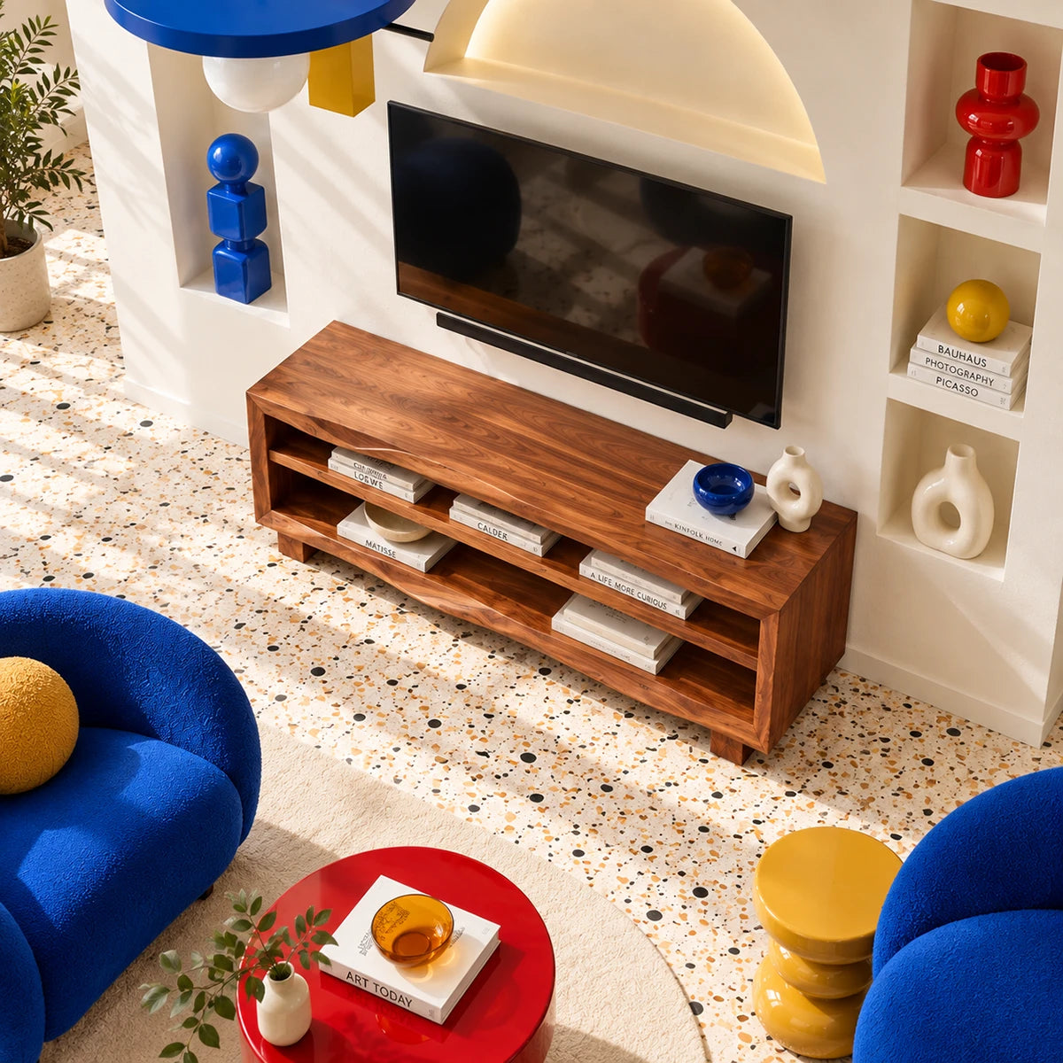 Modern television stand with layered shelving and warm brown tone finish details