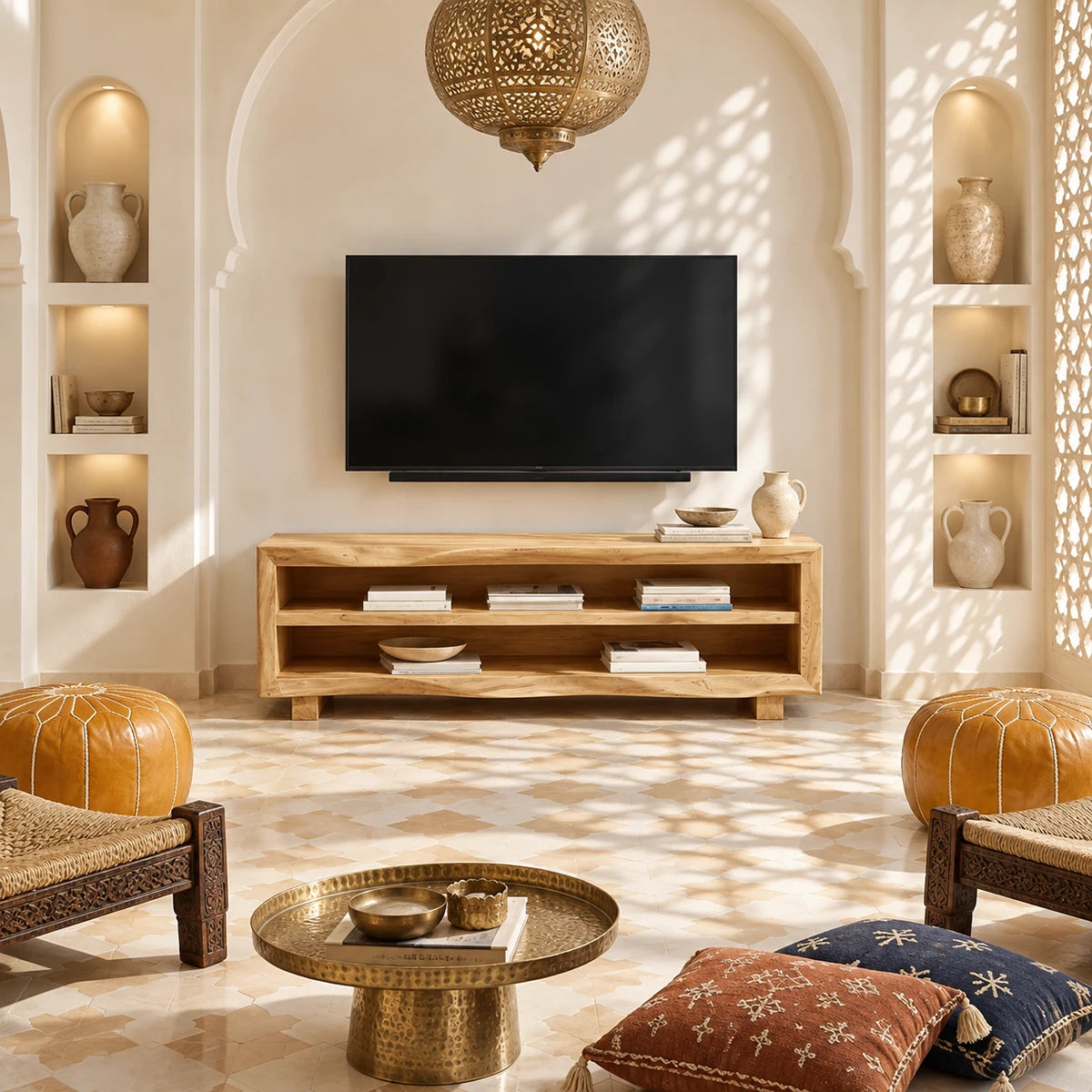 This solid wood media stand features wide open shelves for books and decor accents