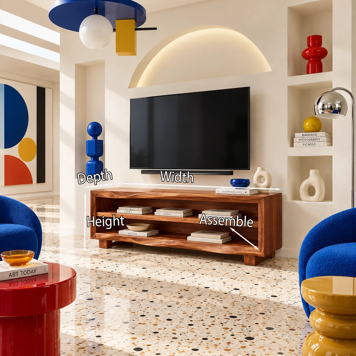 Refined entertainment console with open shelving and a natural solid wood finish