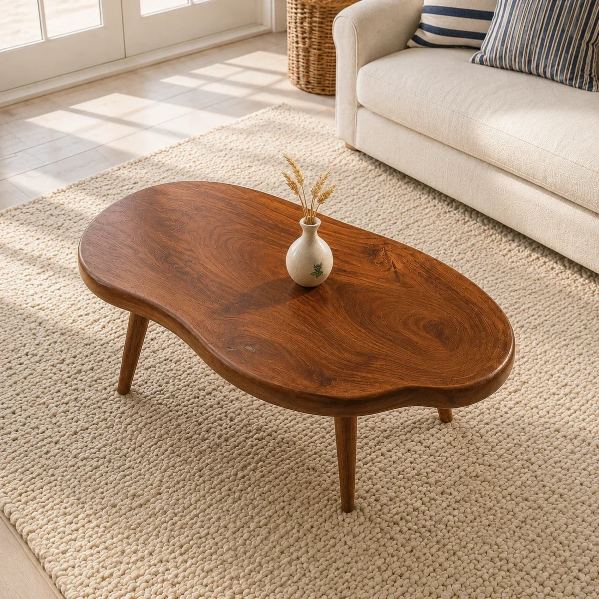 Low profile coffee table with irregular curves and handcrafted legs in a coastal home