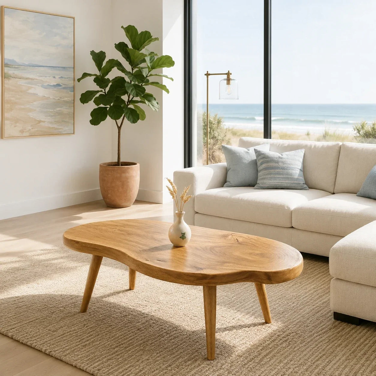 Living room coffee table with soft asymmetrical edges and tapered legs for relaxed spaces