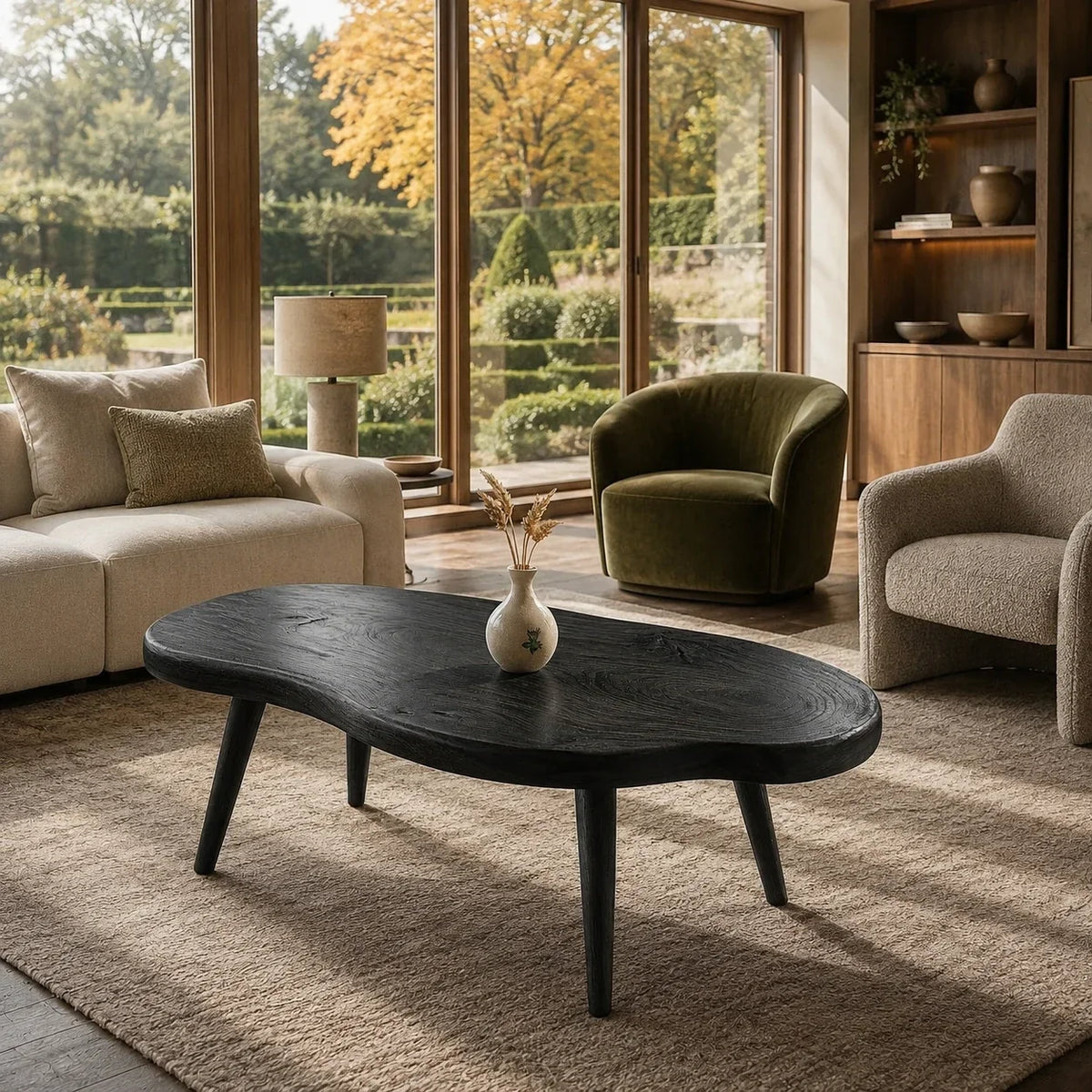 Designer coffee table with rounded freeform form and handcrafted solid wood construction