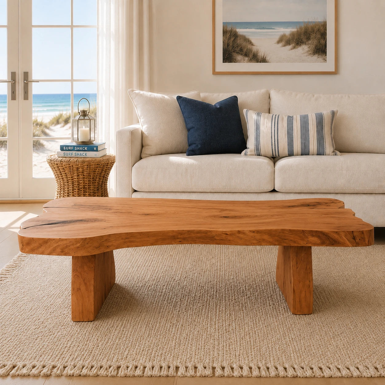 Living room coffee table with a thick freeform top and sculpted solid wood support legs