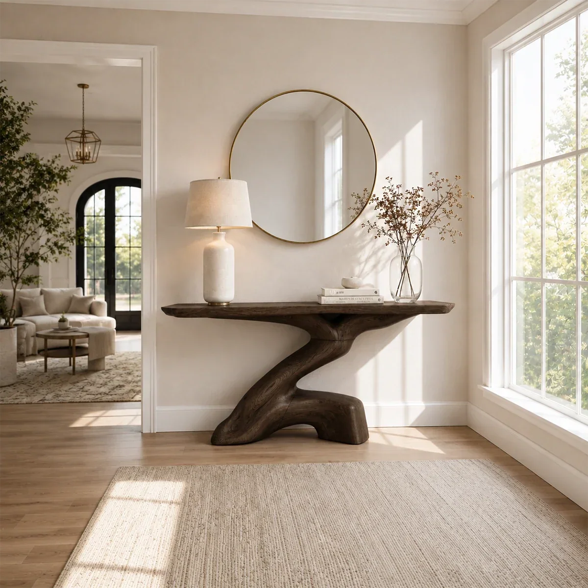 Organic modern console table styled beneath a round mirror in a calm sunlit room