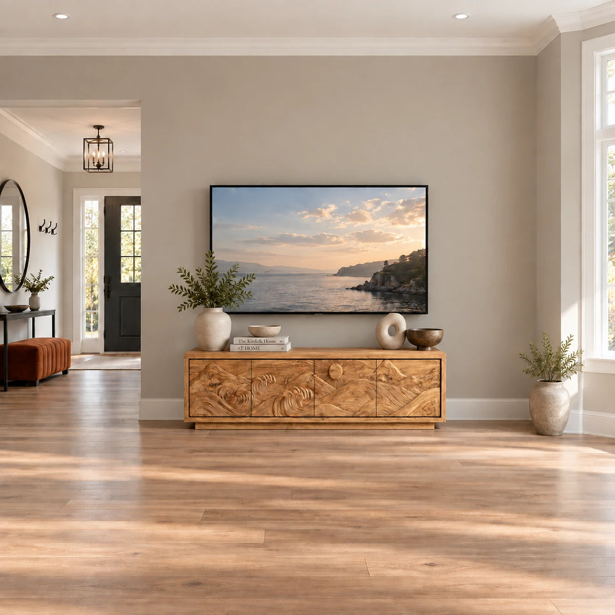 Stylish living room TV stand in solid wood with carved seascape and broad storage
