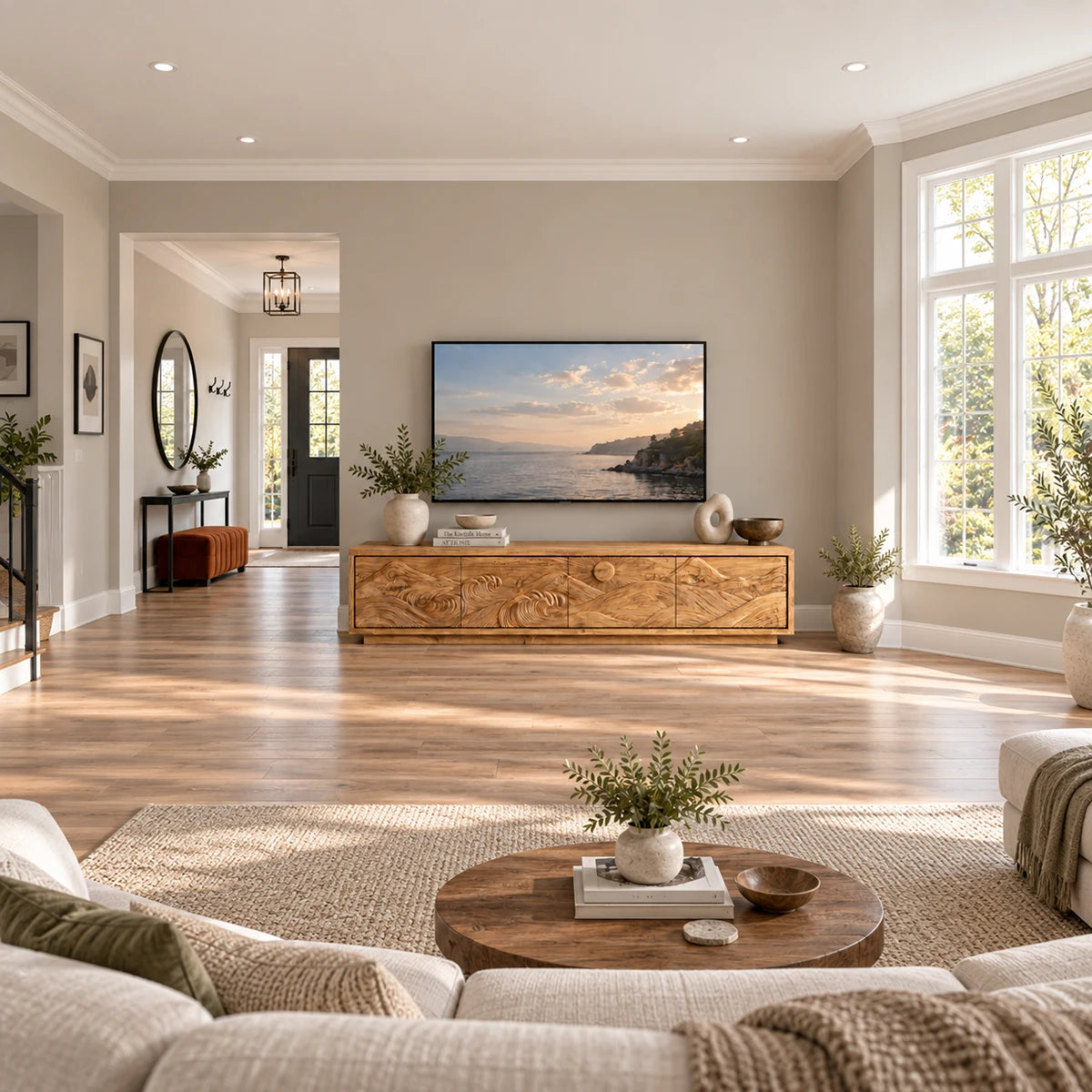 Elegant media console in solid wood with scenic relief doors and broad top surface