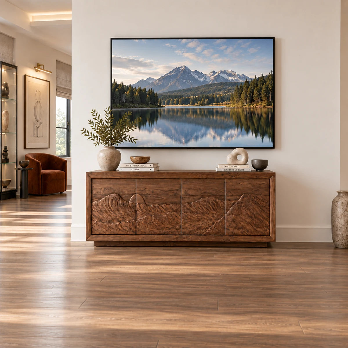 Stylish living room TV stand in solid wood with carved landscape doors and storage