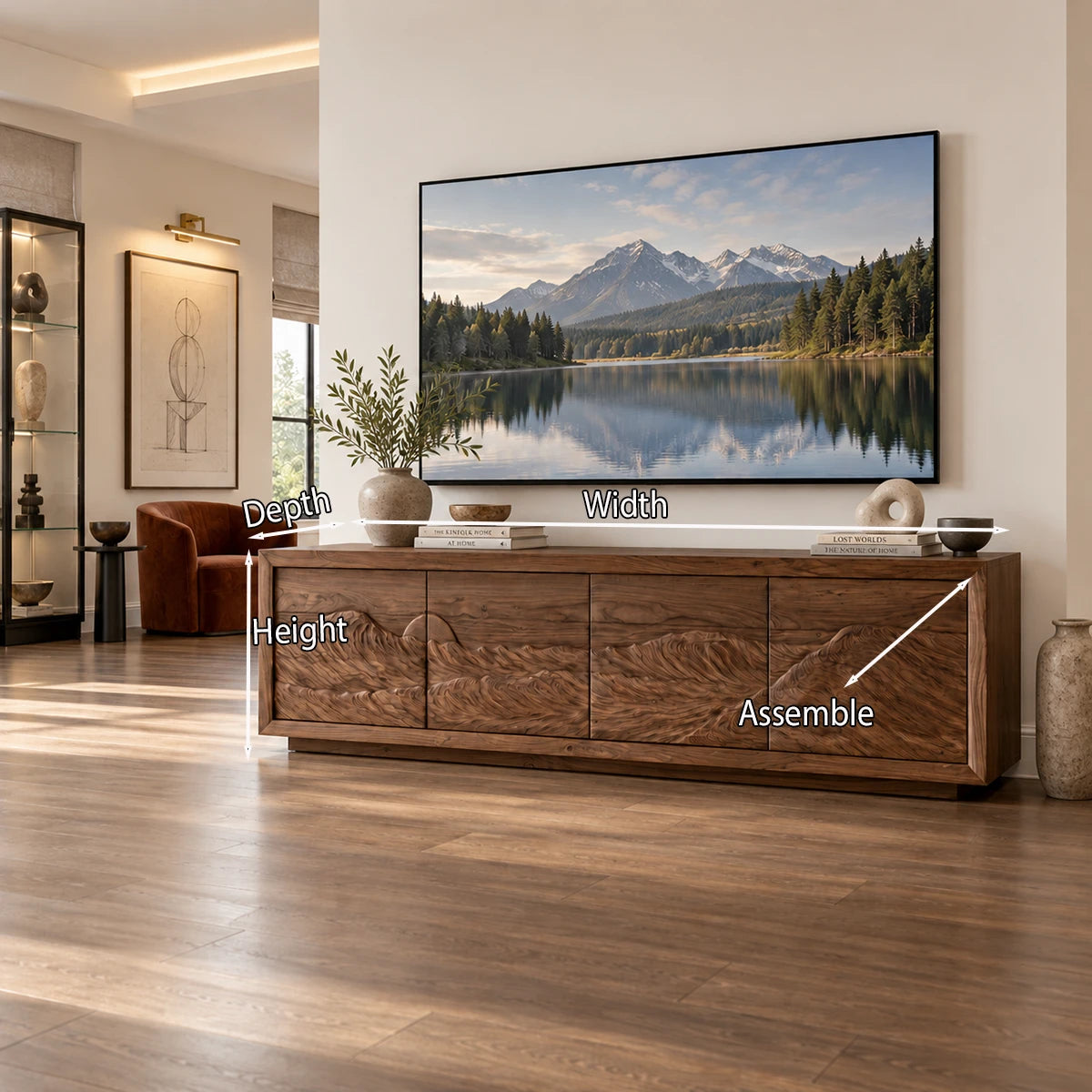 Curated media storage console in solid wood with scenic carving and low silhouette