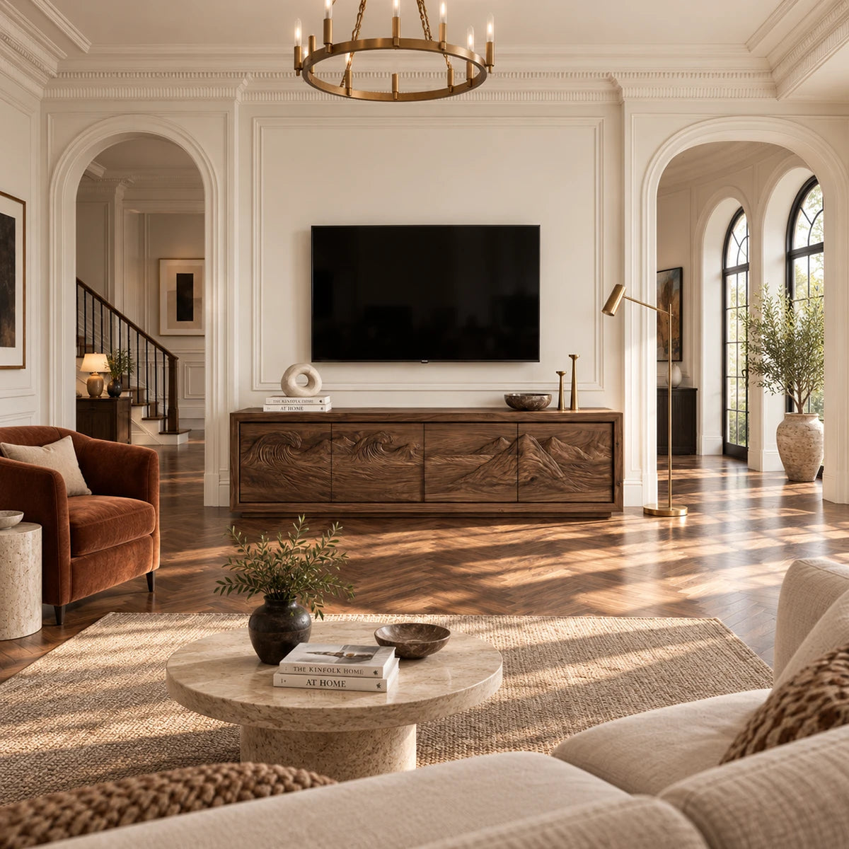 Modern media console in solid wood with scenic carving and a wide low profile form