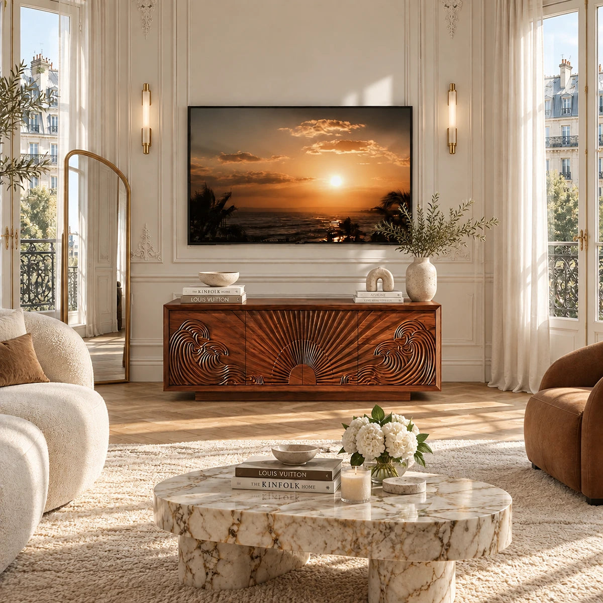 Solid wood media console with detailed carving blends storage with statement design
