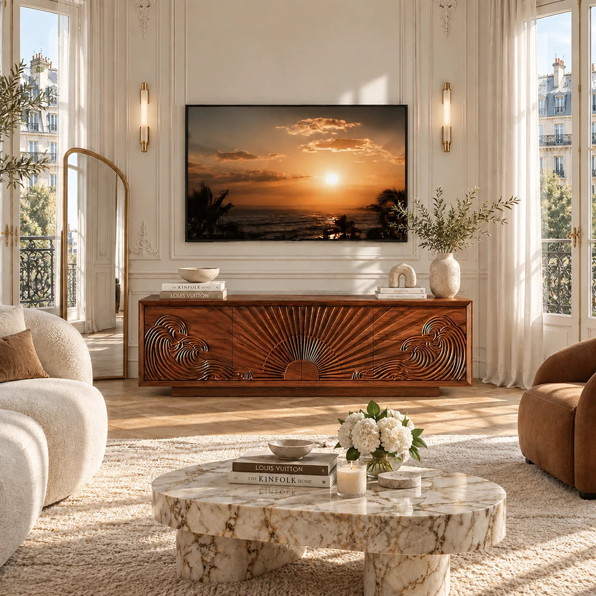 Designer TV stand with sculptural front panels adds refined texture beneath a large screen