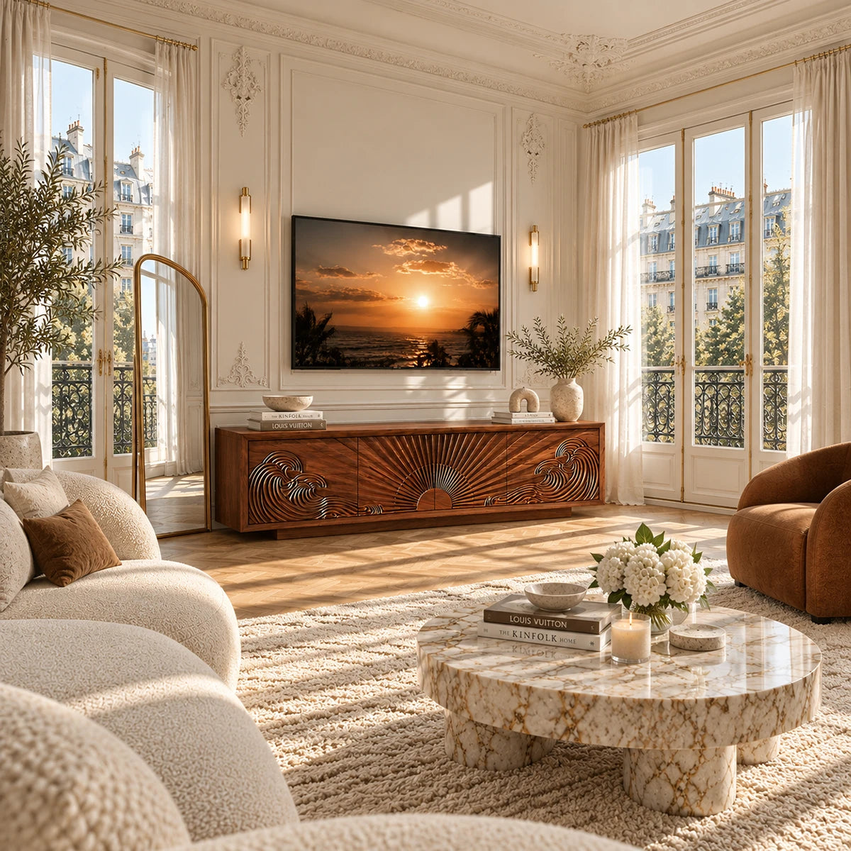 Natural solid wood TV stand with carved wave doors brings artistry to a luxury living room