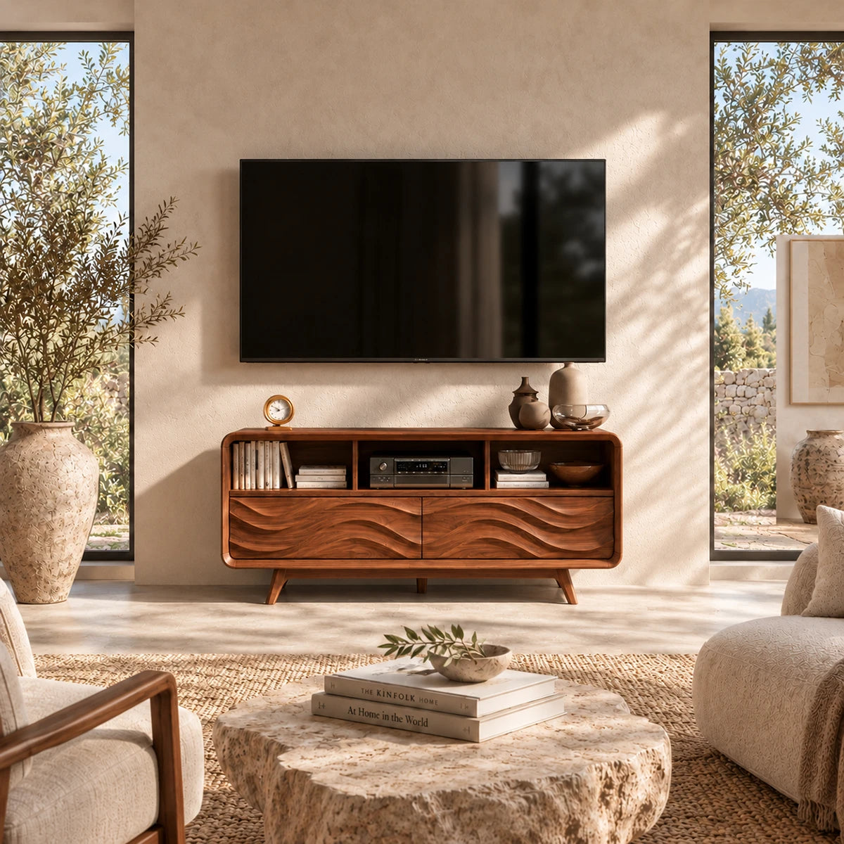 Modern entertainment console with carved lower panels and accessible open storage above