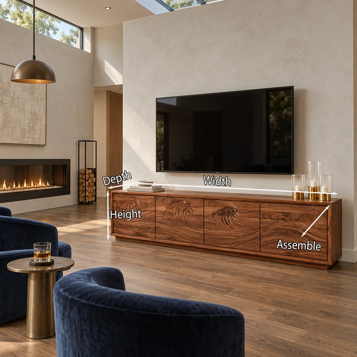 Designer TV console in solid wood with sculpted doors and a modern coastal style