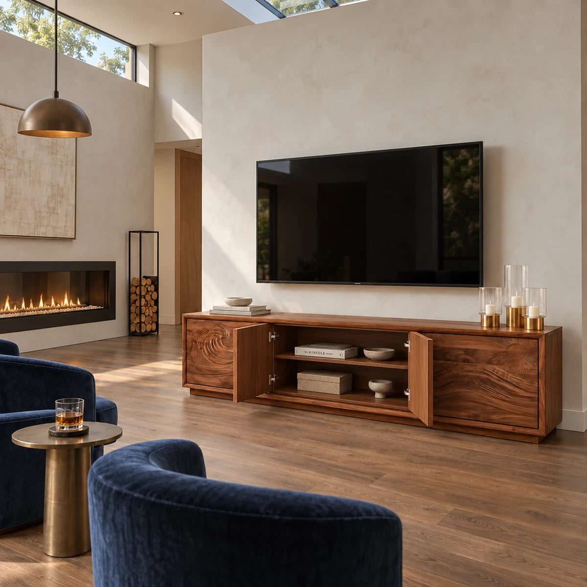 Contemporary media cabinet in solid wood with wave relief panels and broad storage