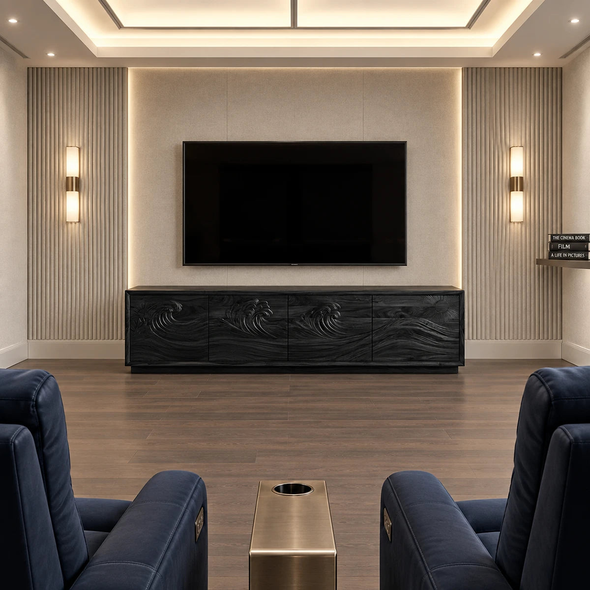 Artistic media unit in solid wood with surf-inspired panels and a streamlined look