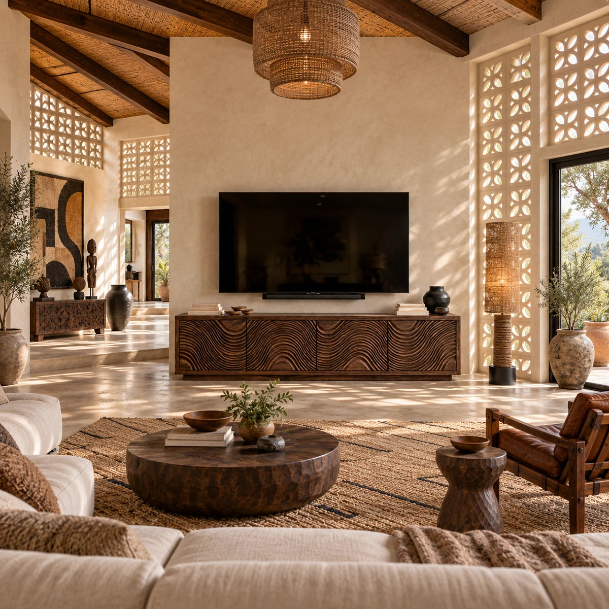 Sculpted media console in natural solid wood with four doors and bold wave fronts