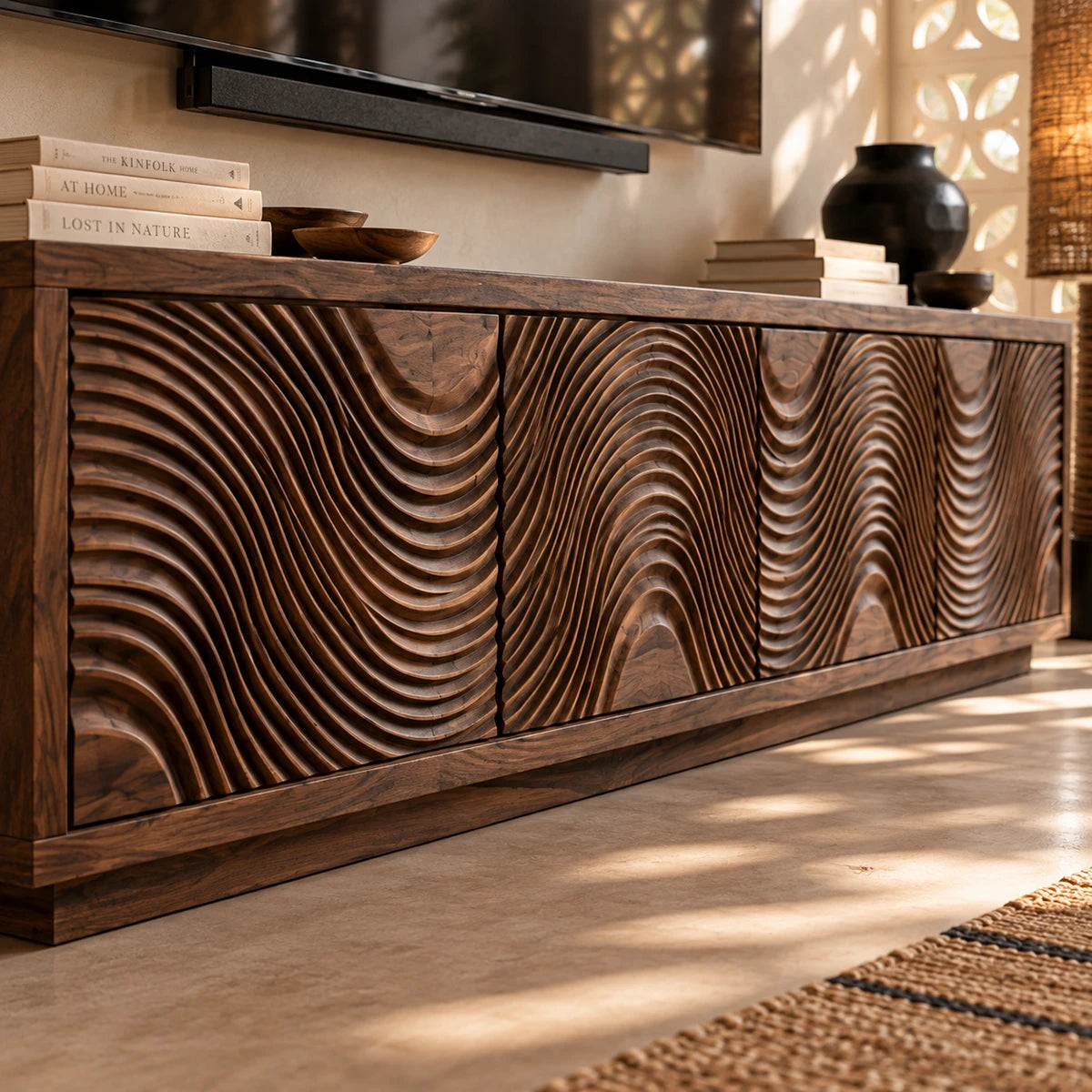 Modern TV console in natural solid wood with rippled doors and low-profile form style