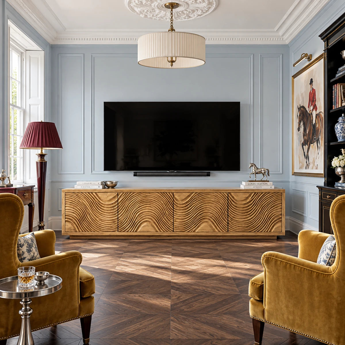 Designed as a TV stand with storage, natural solid wood and four carved door fronts