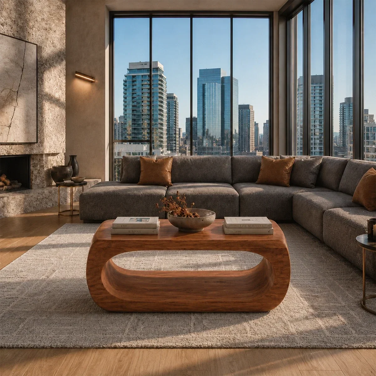Premium coffee table with sculptural open base and rounded edges for elegant interiors