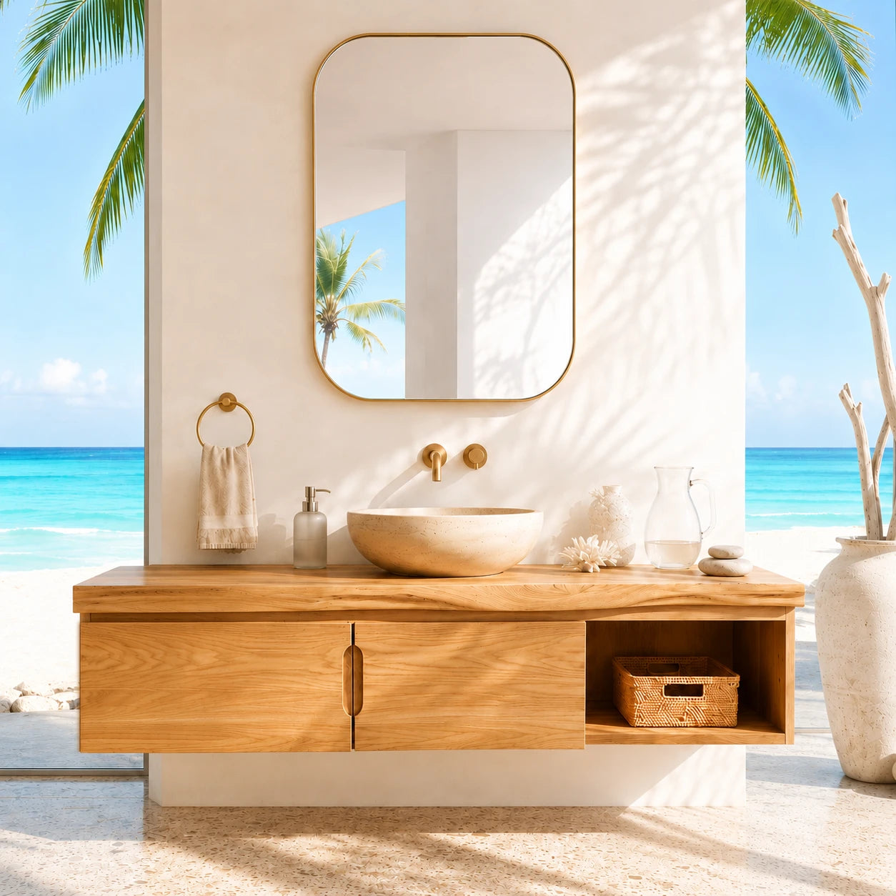 Coastal Floating Vanity in Natural Solid Wood With Two Doors and Open Storage - ArborisWood - 14