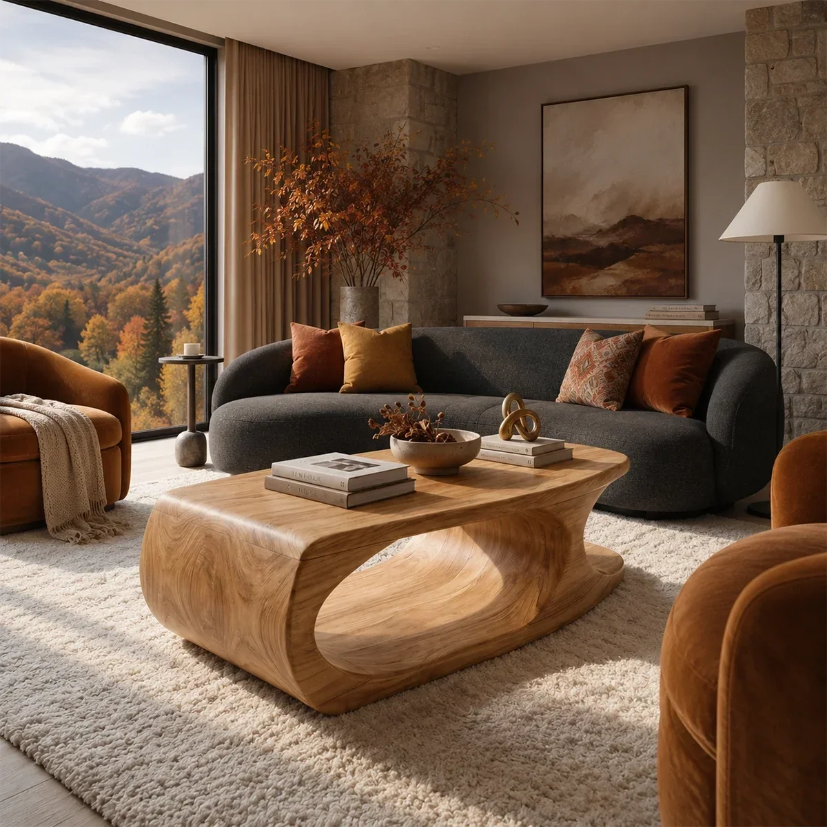 Low profile coffee table with a curved statement base and solid wood grain detail