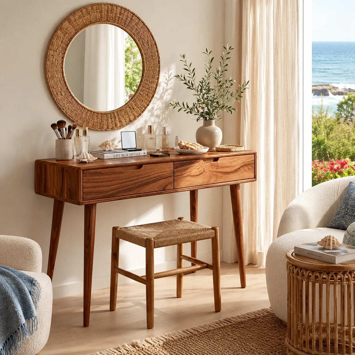 Modern makeup vanity with two drawers and warm wood tone finish in a bright coastal room
