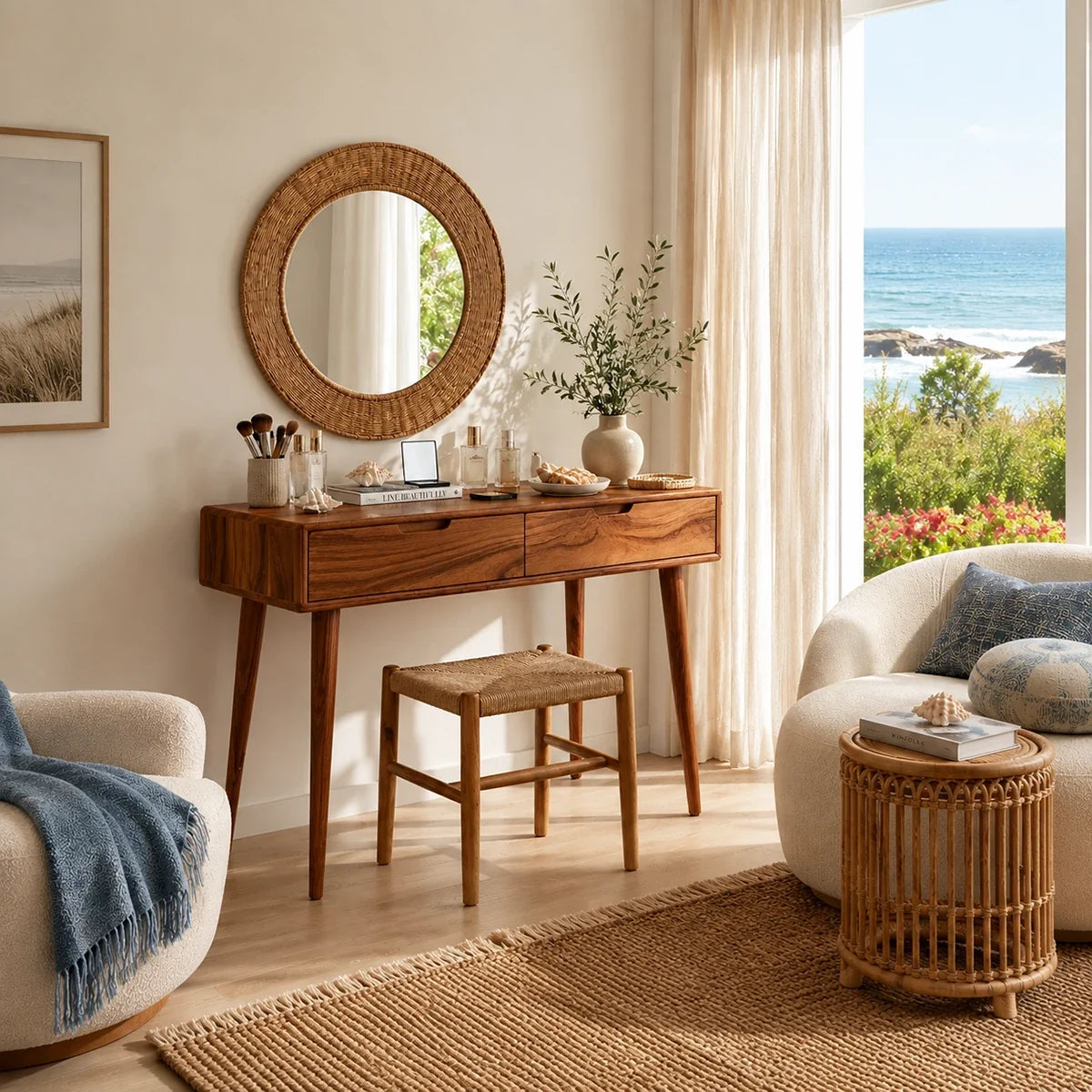 Bedroom dressing table with slim legs and wide drawer storage beneath a round mirror